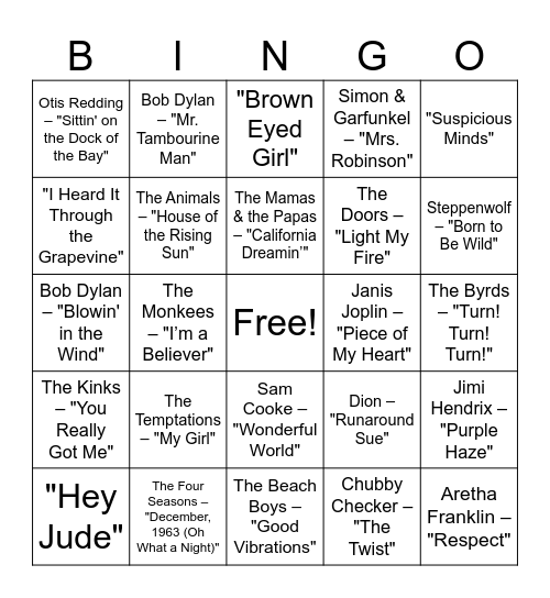 Swing Into The 60's! Bingo Card