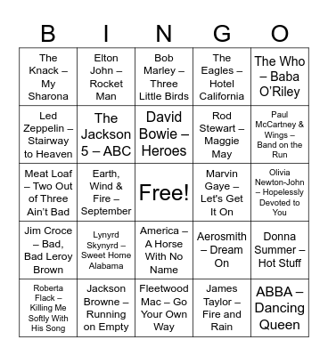 Unforgettable 70's Bingo Card