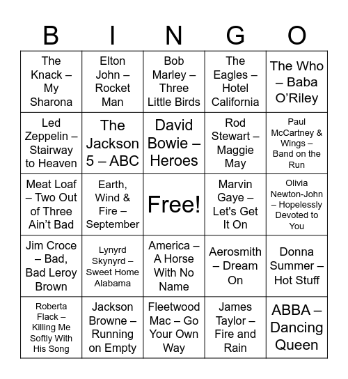 Unforgettable 70's Bingo Card