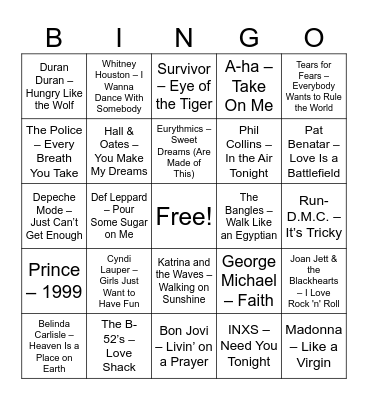 No Time Like The 80's!! Bingo Card