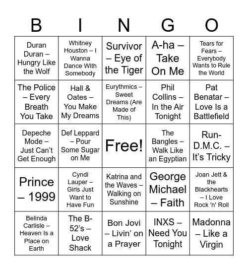 No Time Like The 80's!! Bingo Card