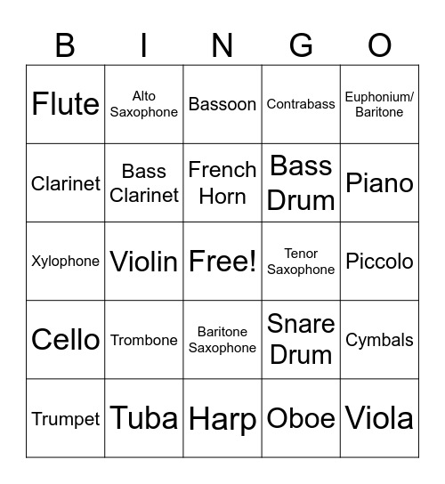 Band Instrument Bingo Card