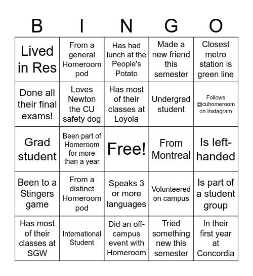 Homeroom Gala 2025 Bingo Card