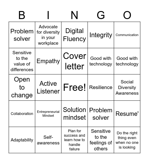 Soft Skills Definitions and Job Readiness Bingo Card