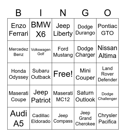 Cars Bingo Card