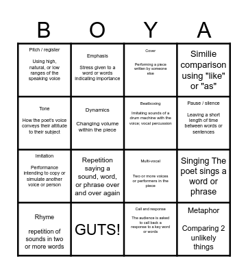 Spoken Word Performance Techniques Bingo Card