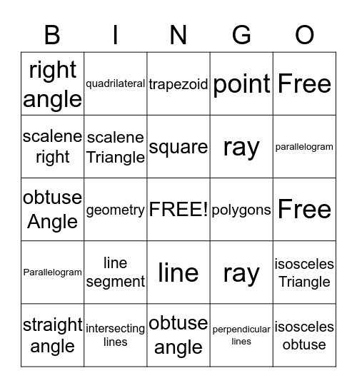 Geometry Bingo Card