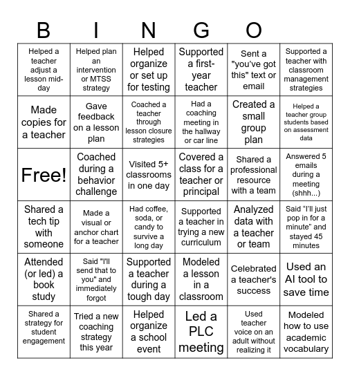 Instructional Coach Bingo Card
