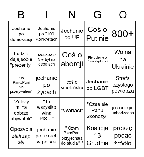 Debata Prezydencka Bingo Card