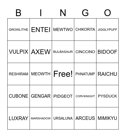 NAME THAT POKEMON!! Bingo Card