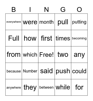 Sight Word Bingo Card
