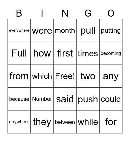Sight Word Bingo Card