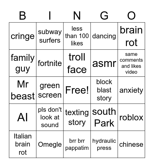 yt shorts Bingo Card