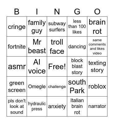 yt shorts Bingo Card