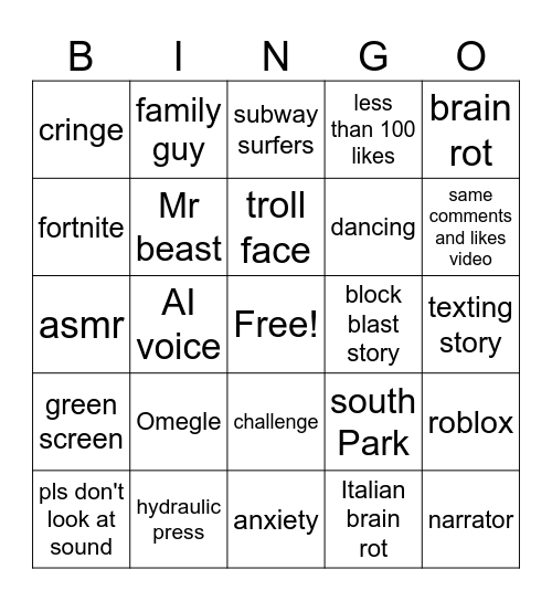 yt shorts Bingo Card