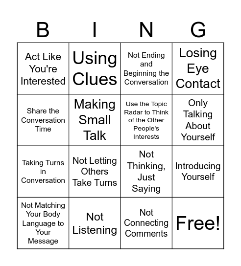 Conversation Drivers and Stoppers Bingo Card
