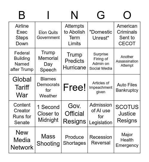 America 2025 Bingo Card