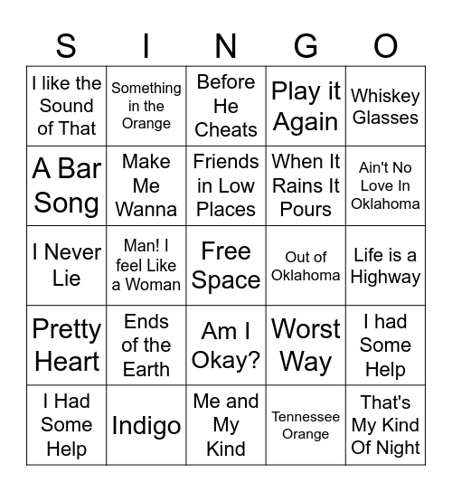 Country Singo Bingo Card