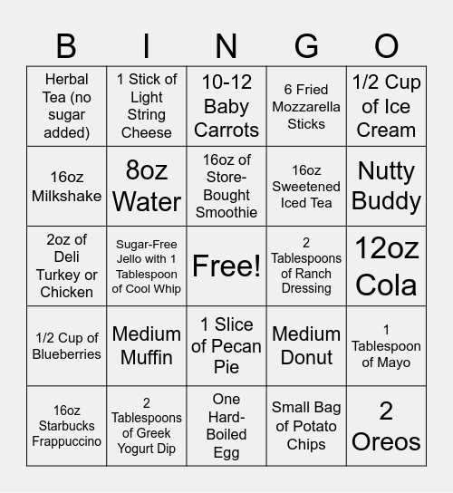 BNB Calorie Bingo Card
