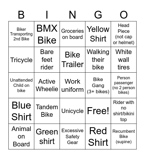 Holiday Bicycle Bingo Card