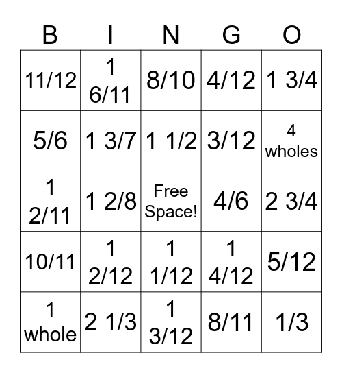 Addition and Subtraction Fraction Bingo Card