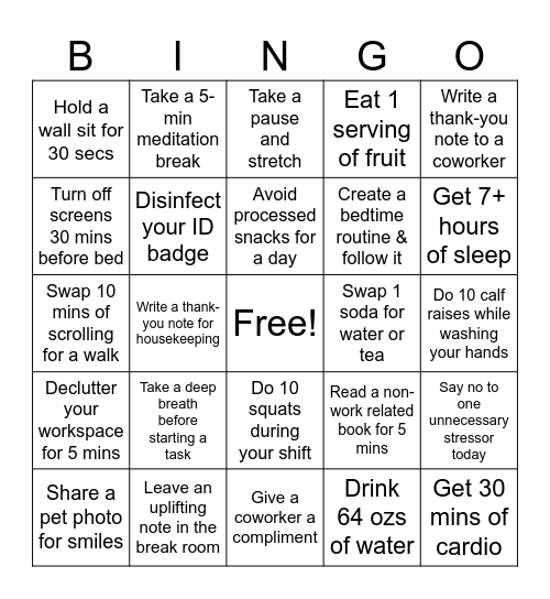 ERMC Employee Health Month Bingo Card