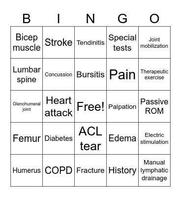 Physical Therapy Bingo Card
