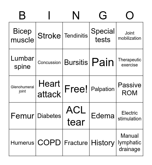 Physical Therapy Bingo Card
