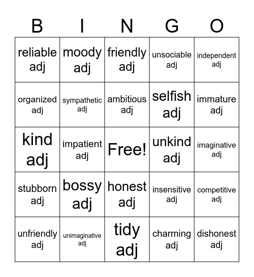 Personality Bingo Card