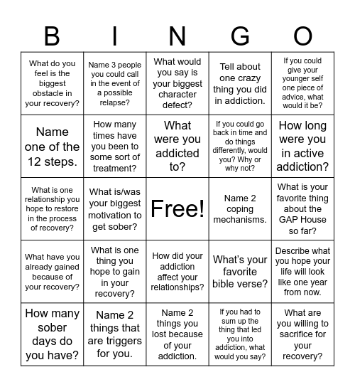 Relapse Prevention Bingo Card