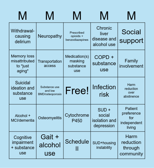 5 Ms  and Substance Use Challenge Bingo Card