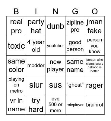 gorilla tag Bingo Card