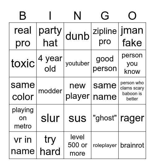 gorilla tag Bingo Card