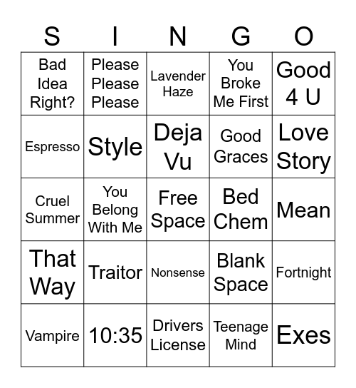 Olivia, Sabrina, Tate, and Taylor Bingo Card
