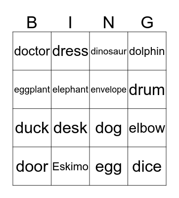 Final Phonics D,E Bingo Card