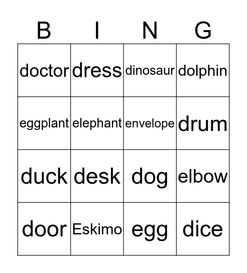 Final Phonics D,E Bingo Card