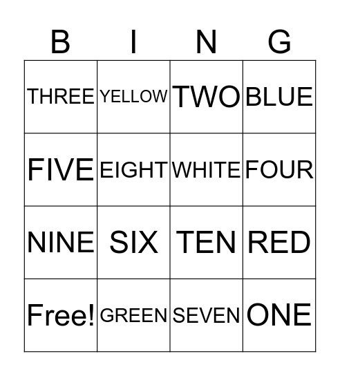COLORS AND NUMBERS Bingo Card