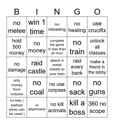dead rails Bingo Card