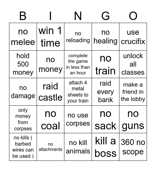dead rails Bingo Card