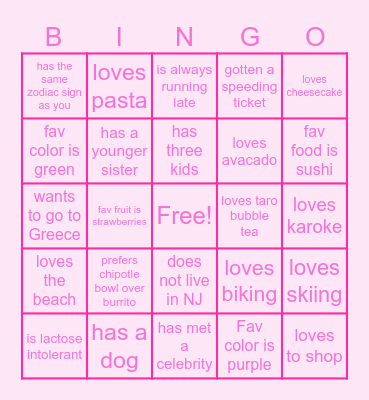 Sheena's Bridal Shower Bingo Card