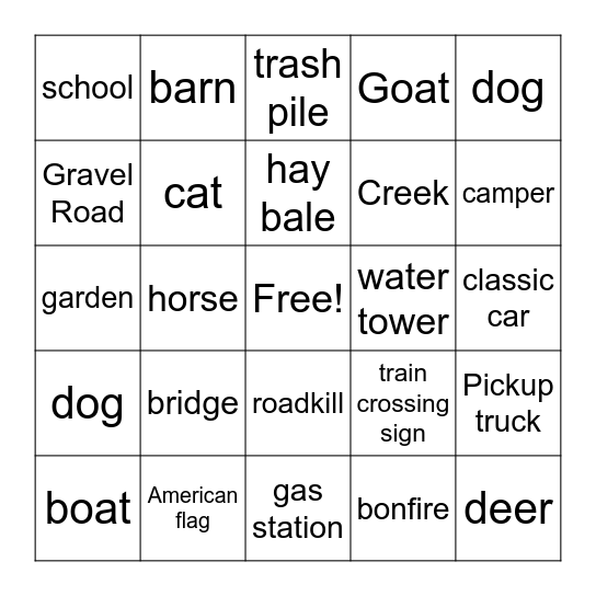 KID Country Bingo Card