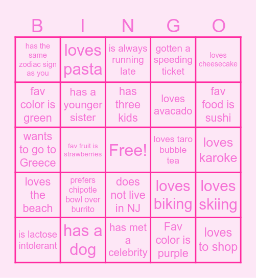 Sheena's Bridal Shower Bingo Card