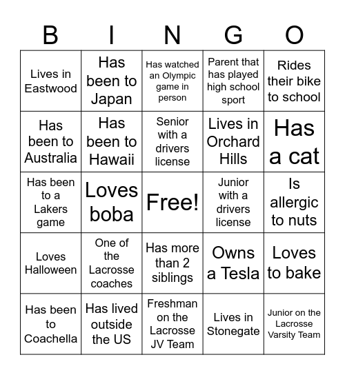 NHS Girls Lacrosse Bingo Card