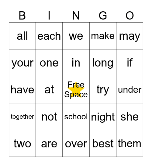 Sight Word Bingo Card