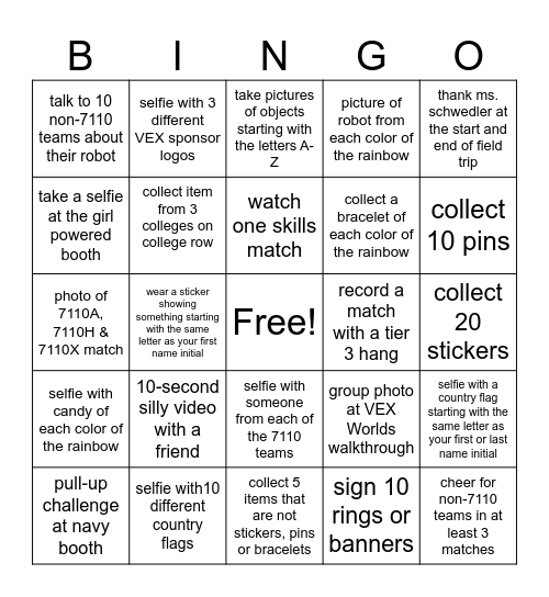 VEX Worlds 2025 Bingo Card