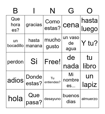 Common Spanish Phrases Bingo Card