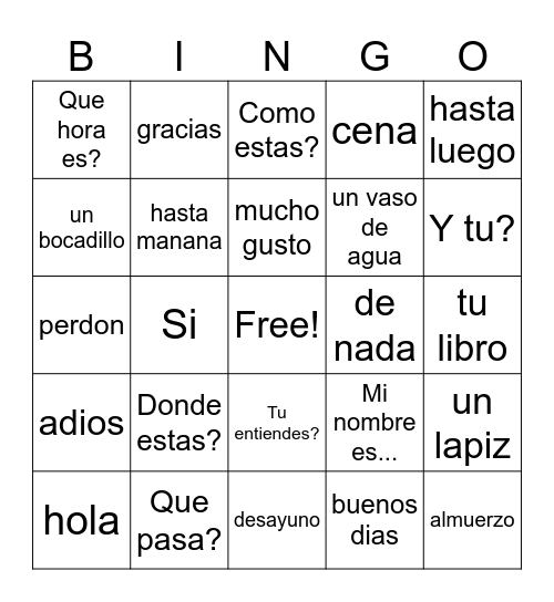 Common Spanish Phrases Bingo Card