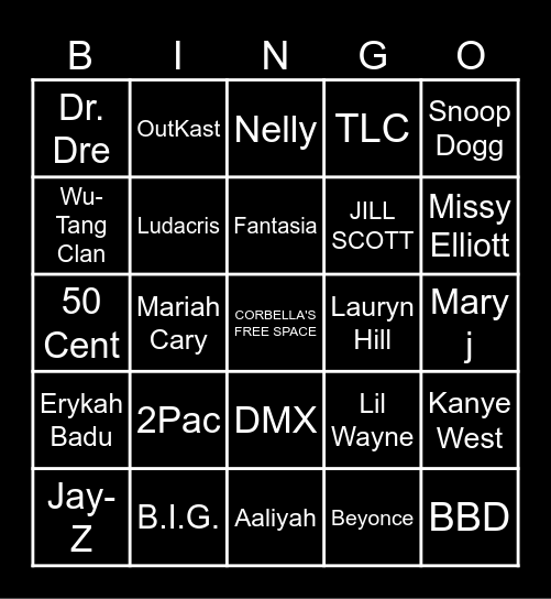 Corbella's 90s/2000s HIP HOP AND R&B Bingo Card
