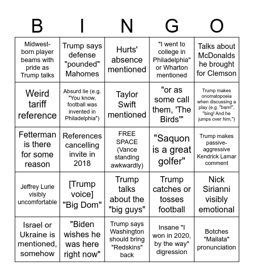 Trump/Eagles bingo Card
