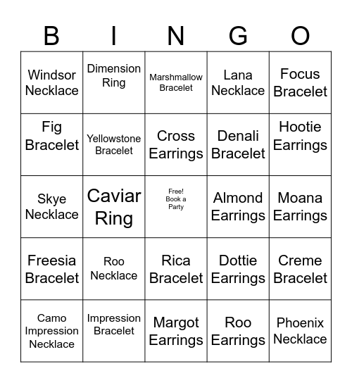 Jen's Blingo Bingo Party Bingo Card